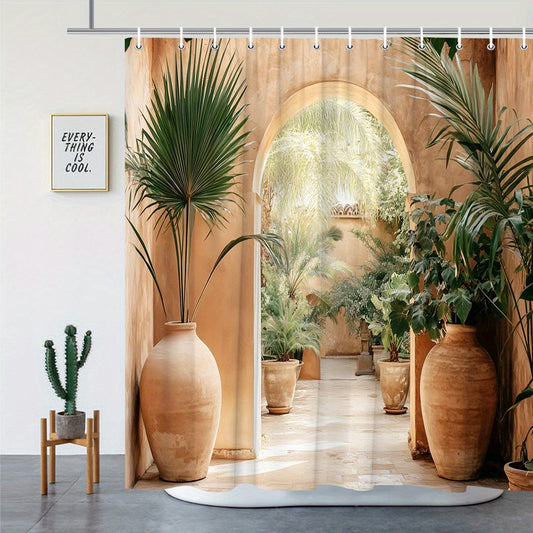 Rideaux de douche en terracotta plantes tropical