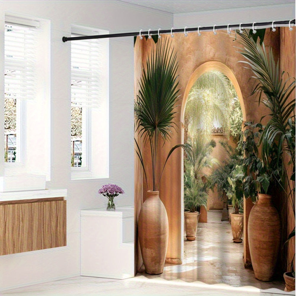 Rideaux de douche en terracotta plantes tropical design 