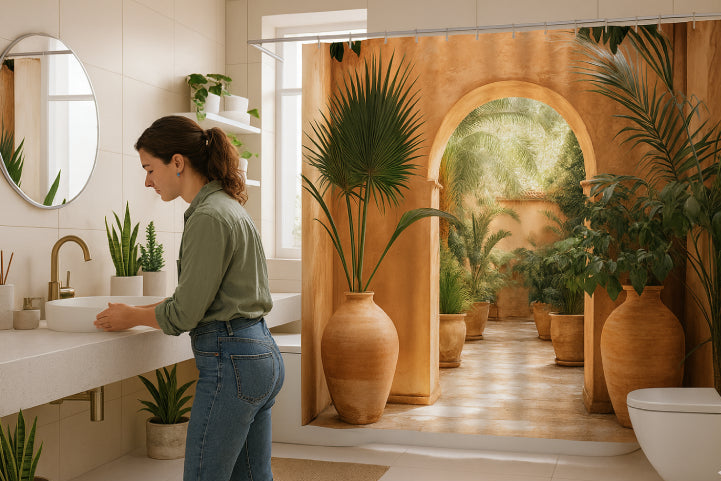 Rideaux de douche en terracotta plantes tropical fille 