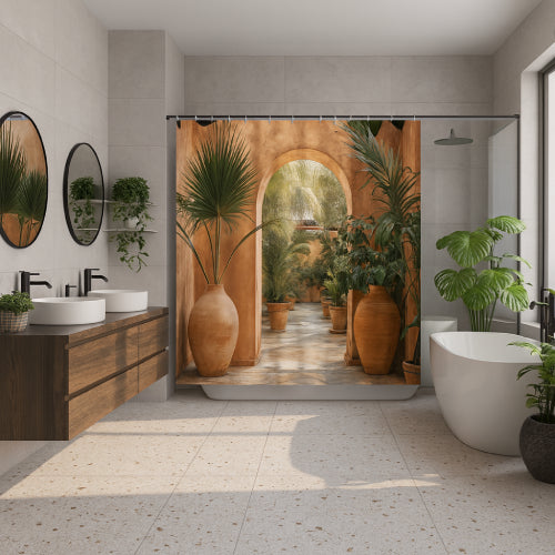 Rideaux de douche en terracotta plantes tropical orange 