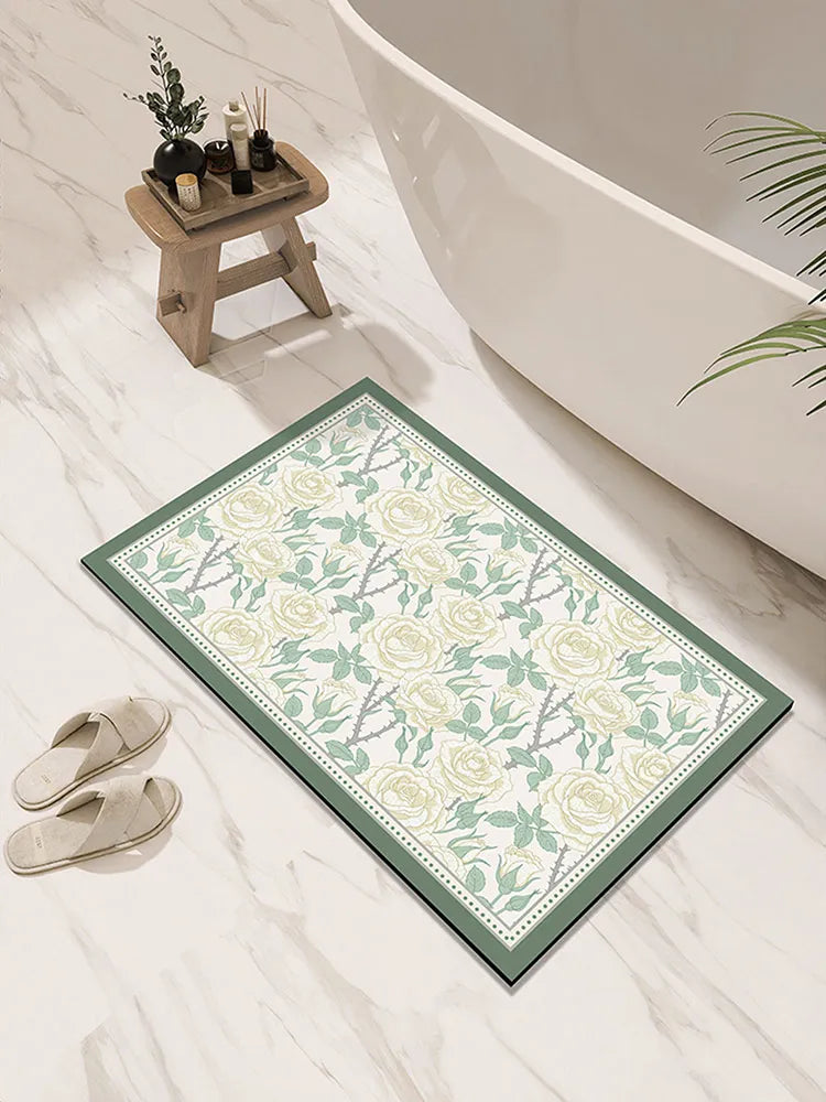 Tapis de Bain Ultra Absorbant en Diatomite fleurs  vert