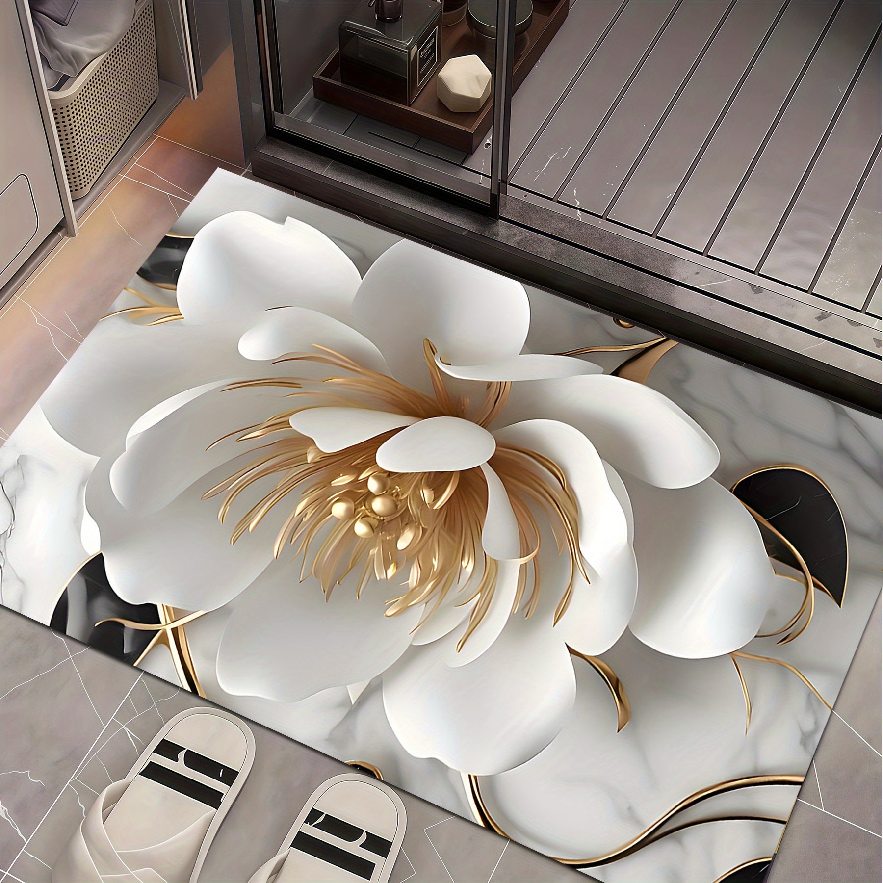 Tapis de Salle de Bain Absorbant Fleur Blanche et Dorée