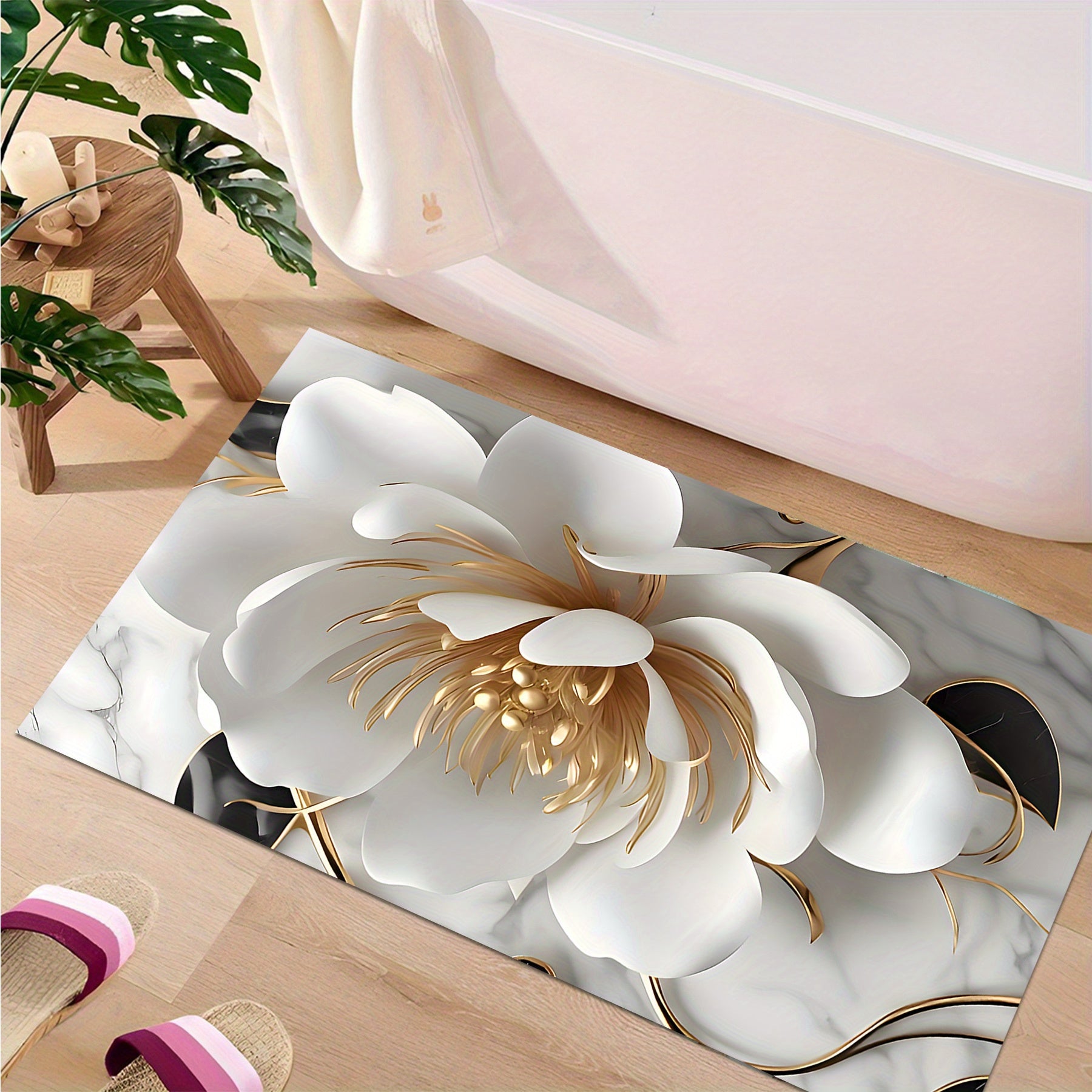 Tapis de Salle de Bain Absorbant Fleur Blanche et Dorée baignoire 