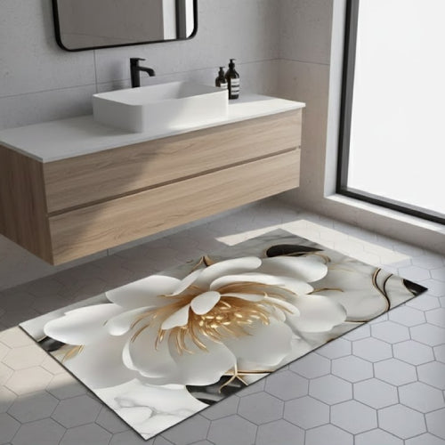 Tapis de Salle de Bain Absorbant Fleur Blanche et Dorée lavabo 