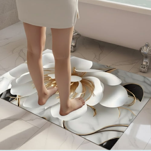 Tapis de Salle de Bain Absorbant Fleur Blanche et Dorée
