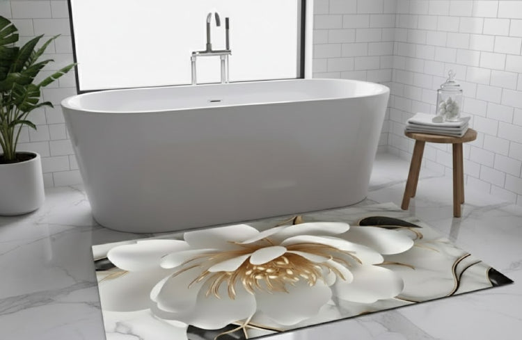 Tapis de Salle de Bain Absorbant Fleur Blanche et Dorée sol 