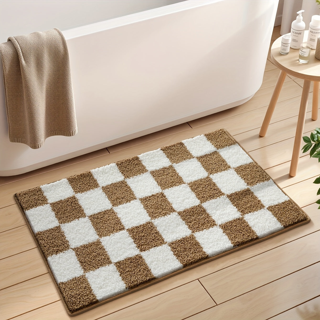 Tapis de Salle de Bain à Carreaux Absorbant Premium kaki 