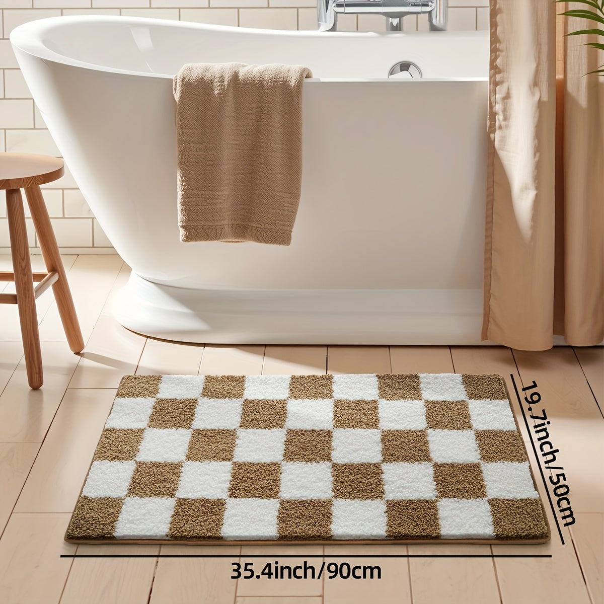 Tapis de Salle de Bain à Carreaux Absorbant Premium kaki 90 cm  