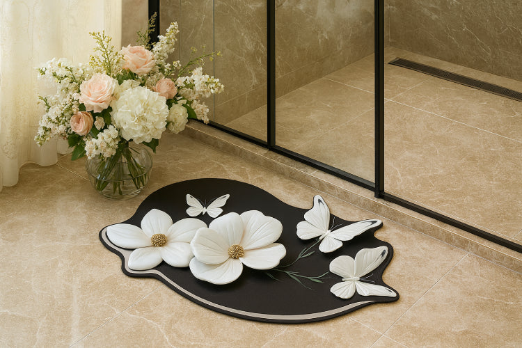 Tapis de Salle de Bain Haut de Gamme Artistique à Motif Papillon Floral   fleurs 