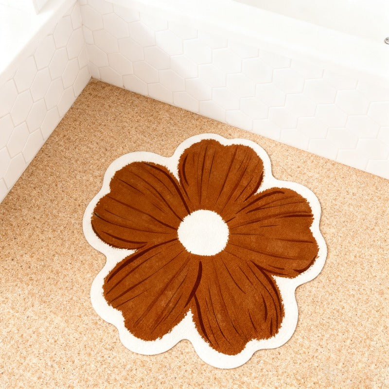 Tapis de bain Luxe Doux et Moelleux Marron à Fleurs blanc