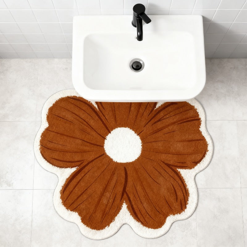 Tapis de bain Luxe Doux et Moelleux Marron à Fleurs lavabo 