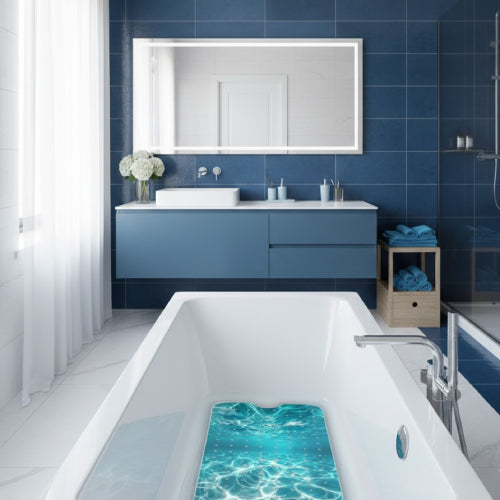 Tapis de bain antidérapant avec ventouses design bleu lavabo 
