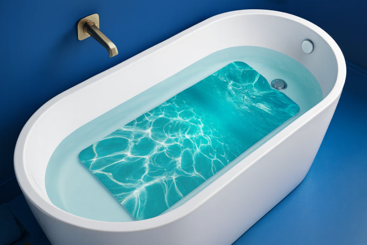 Tapis de bain antidérapant avec ventouses design bleu robinet 