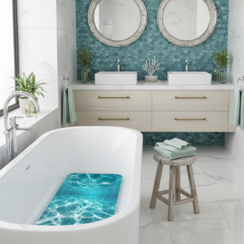 Tapis de bain antidérapant avec ventouses design bleu tabouret 