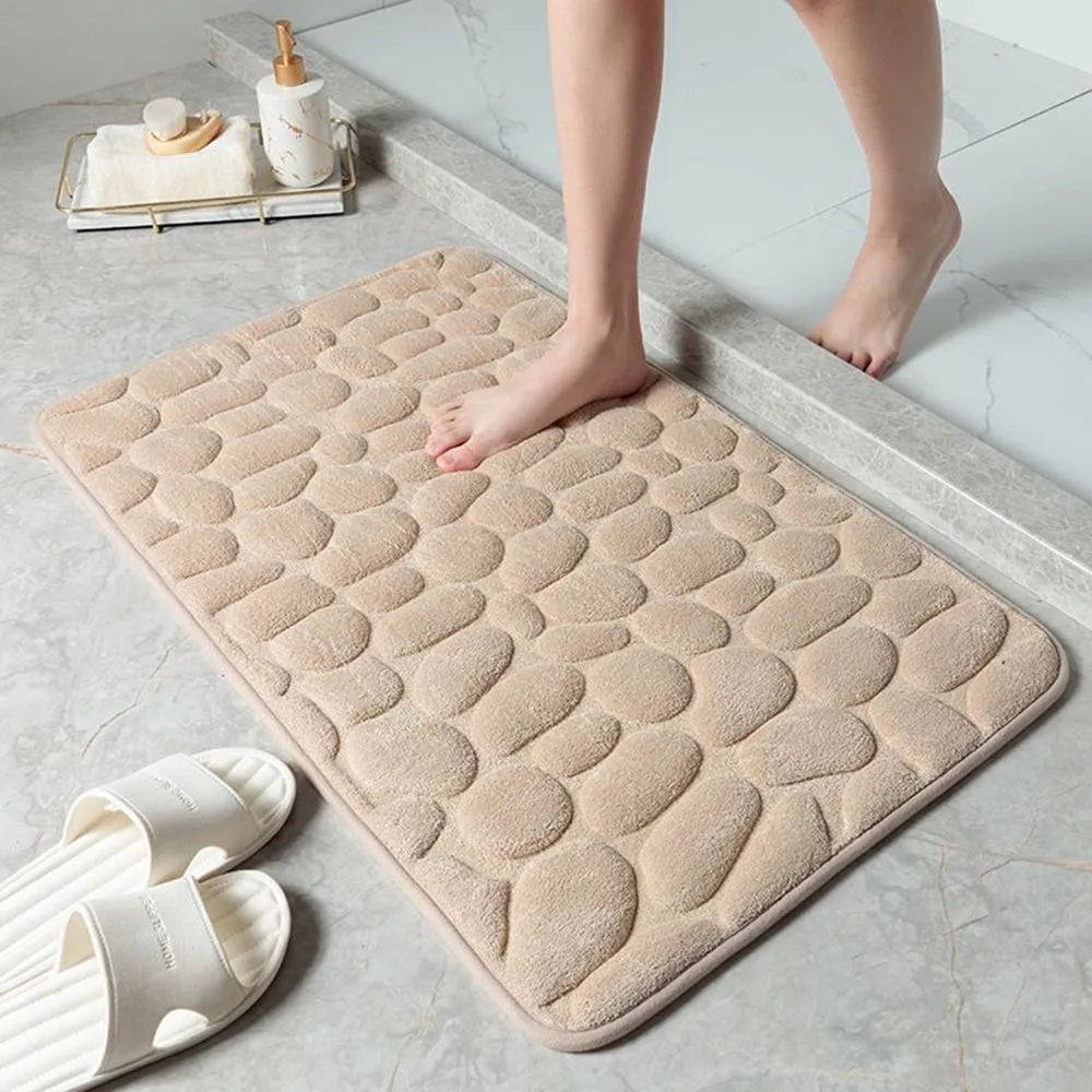 Tapis de bain antidérapant en relief avec pavés et absorbant l'eau beige