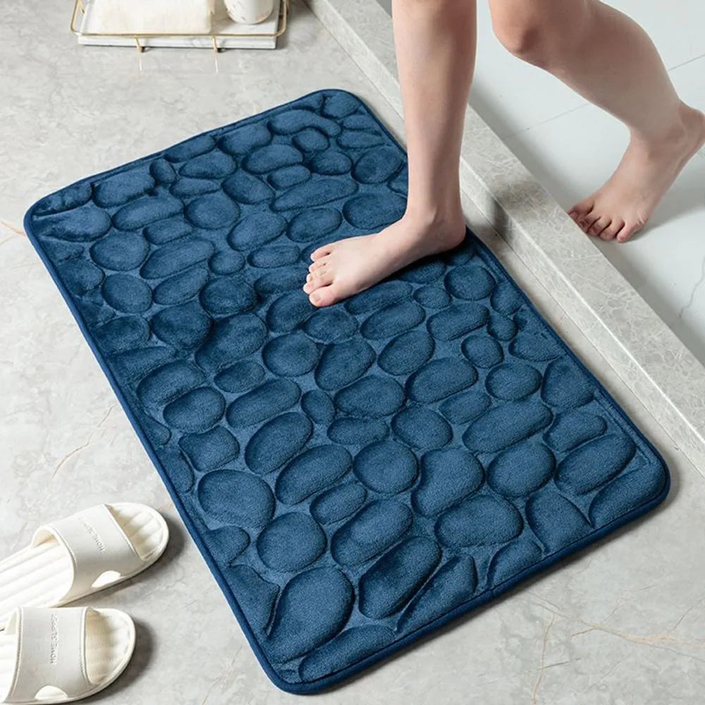 Tapis de bain antidérapant en relief avec pavés et absorbant l'eau bleu foncé