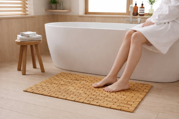 Tapis de bain bambou  bois  pieds 