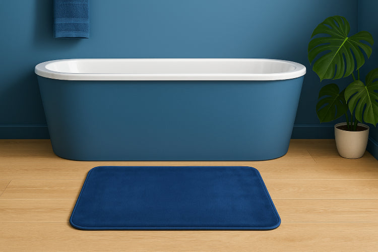 Tapis de bain bleu pétrole plante 