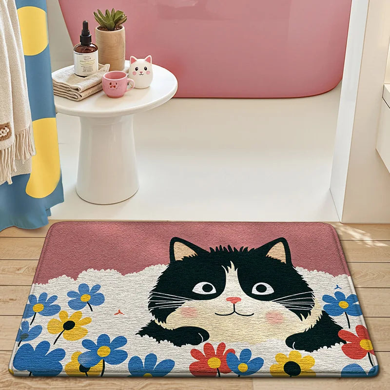 Tapis de bain chat dessin animé mignon  fleurs 