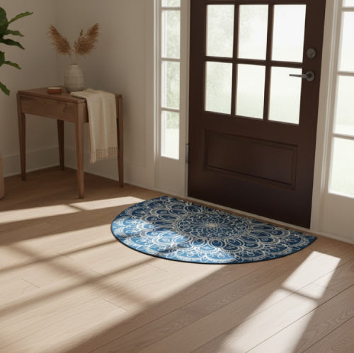 Tapis de bain demi lune original  bleu blanc 