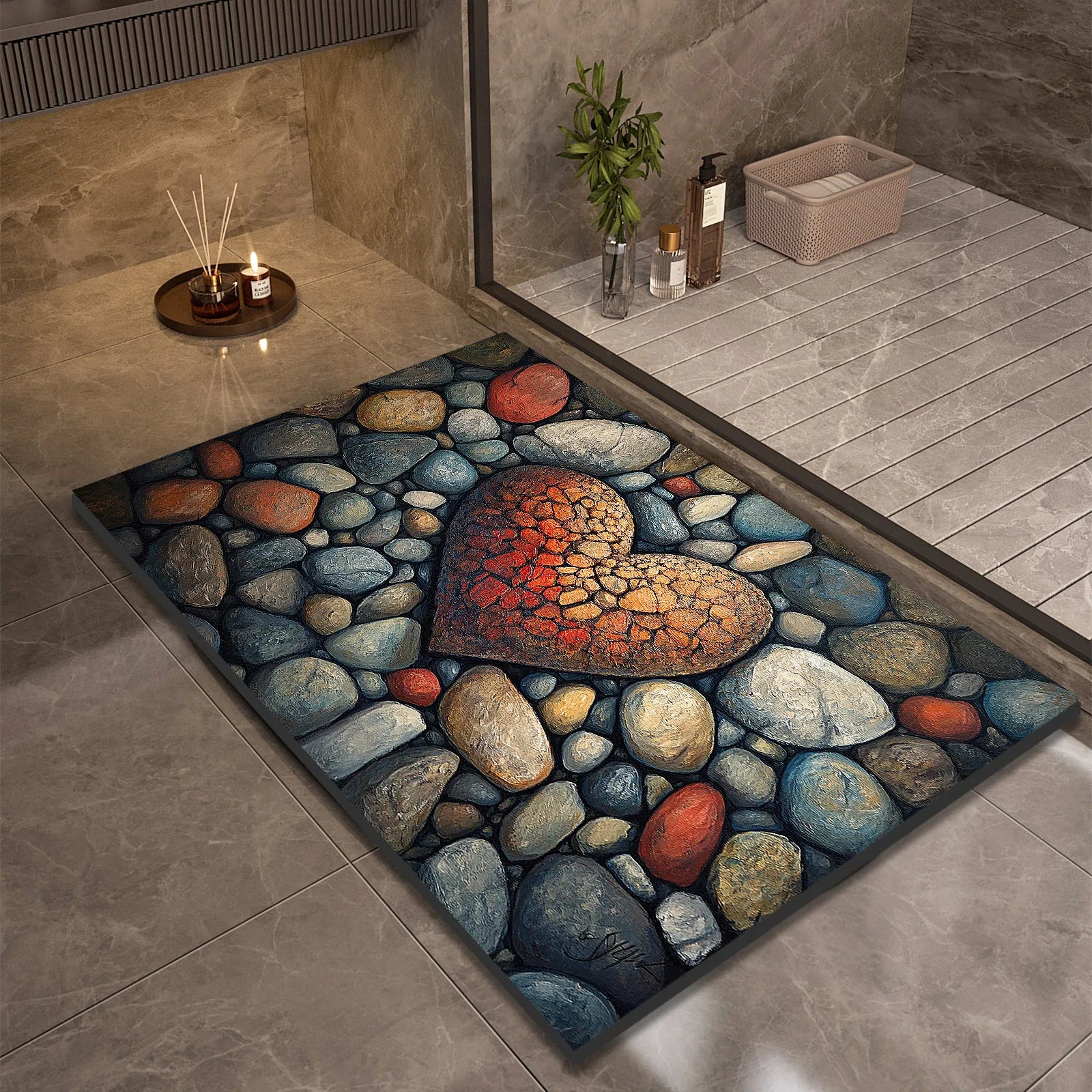 Tapis de bain en diatomite effet pierre  cœur orange 