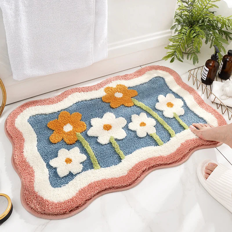 Tapis de bain fleurs bleu blanc