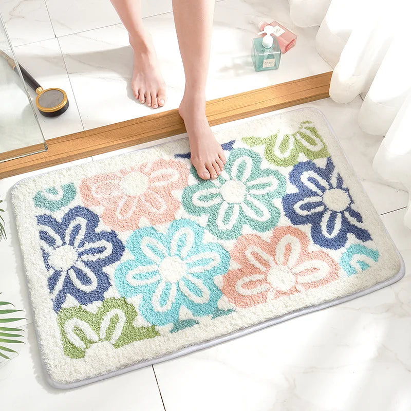 Tapis de bain fleurs bleu marine
