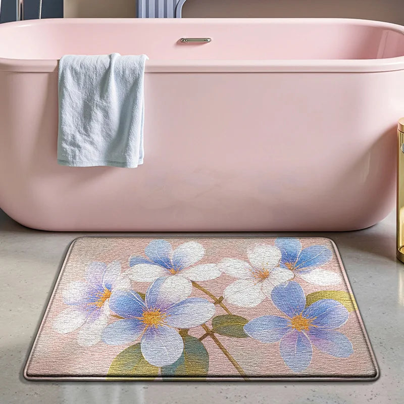 Tapis de bain floral antidérapant absorbant bleu rose 