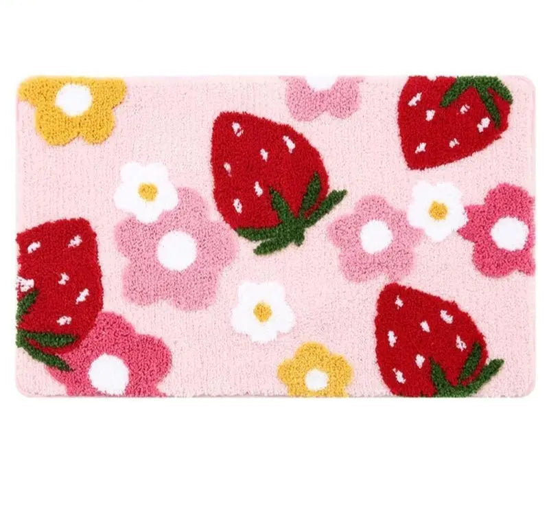 Tapis de bain fraise fleur blanc