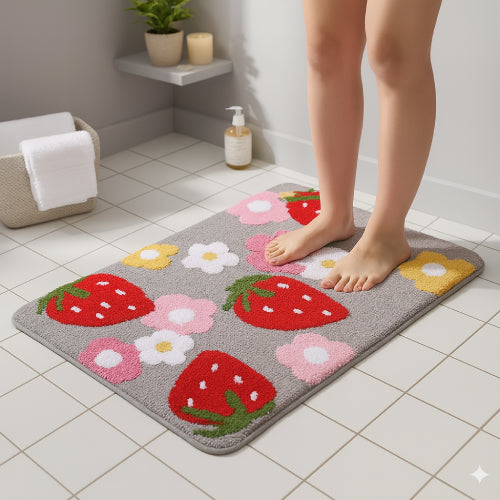 Tapis de bain fraise gris pieds 
