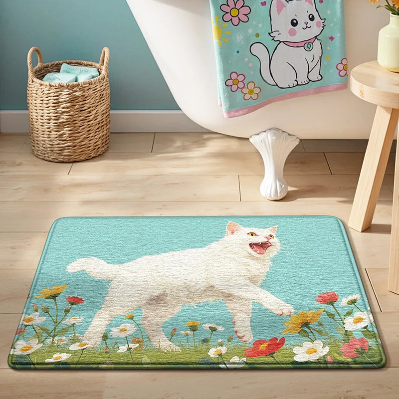Tapis de bain imprimé chat blanc 