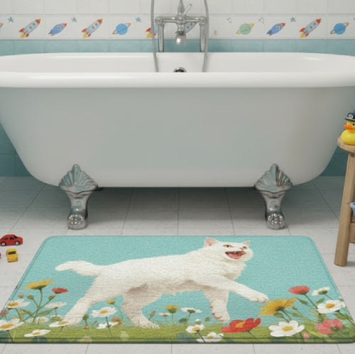 Tapis de bain imprimé chat  fleurs 