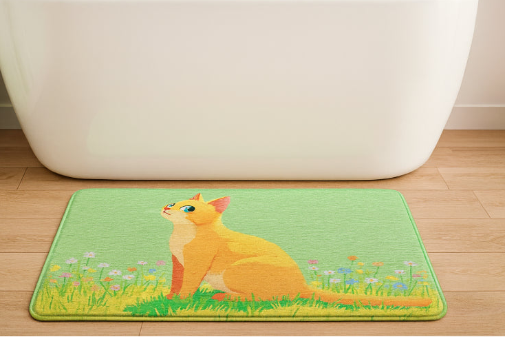 Tapis de bain imprimé chat  orange  vert