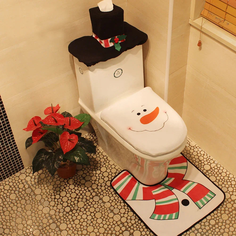 Tapis de bain noel et housse de toilette blanc 