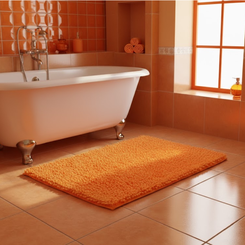 Tapis de bain orange en chenille  baignoire 