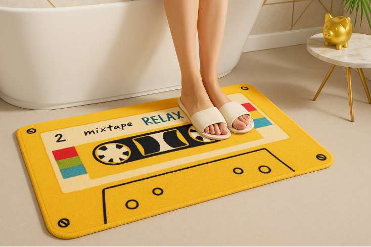 Tapis de bain rétro de cassettes audio jaune 