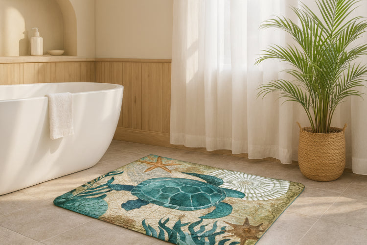 Tapis de bain tortue lavabo  panier 