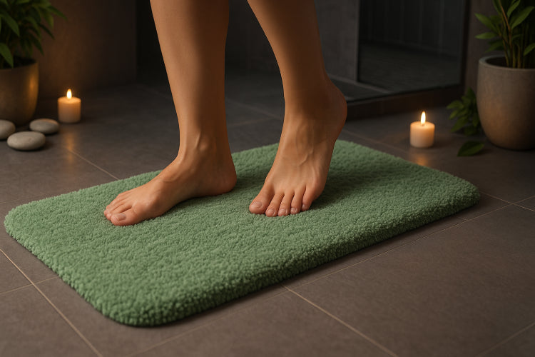 Tapis de bain vert amande plantes 