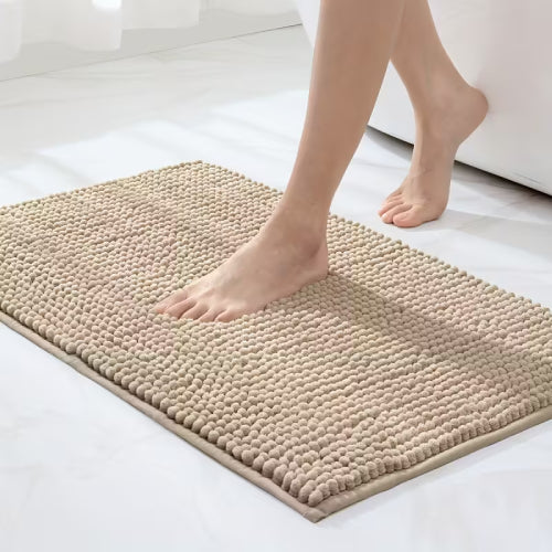 Tapis de salle de bain en microfibre épaisse chenille pieds beige 