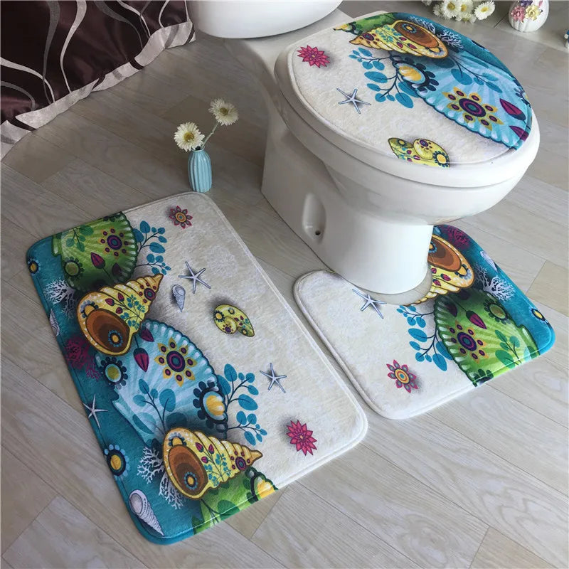 Tapis pour salle de bain et siège de toilette Housse Tapis de sol 3 pièces/ensemble  coquillages
