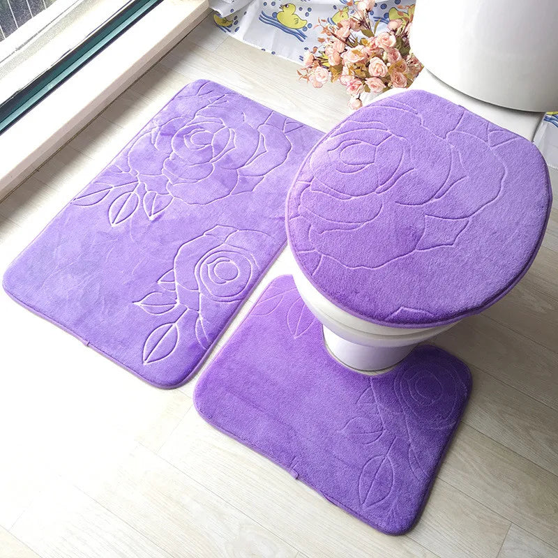 Tapis pour salle de bain et siège de toilette Housse Tapis de sol 3 pièces/ensemble fleur