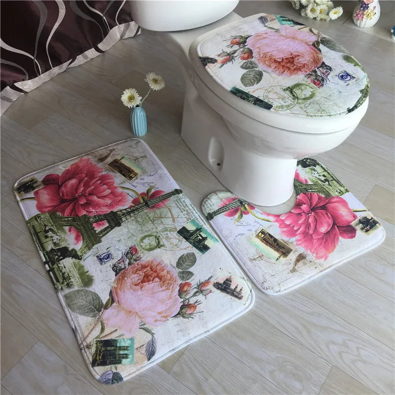 Tapis pour salle de bain et siège de toilette Housse Tapis de sol 3 pièces/ensemble fleurs