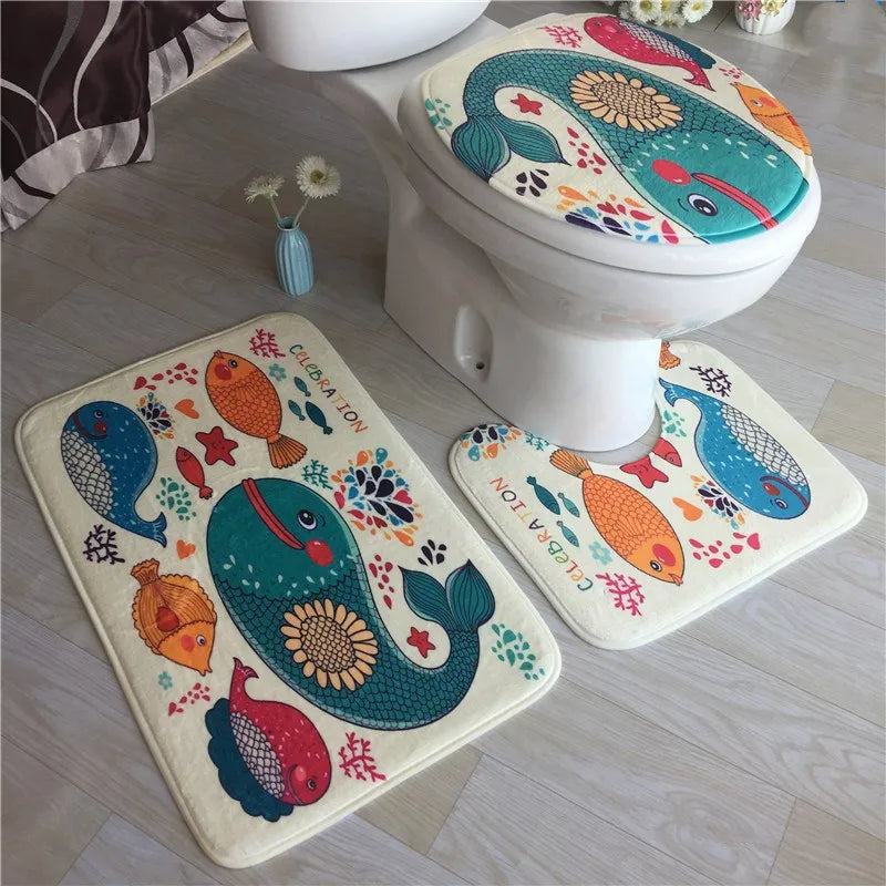 Tapis pour salle de bain et siège de toilette Housse Tapis de sol 3 pièces/ensemble  poisson vert