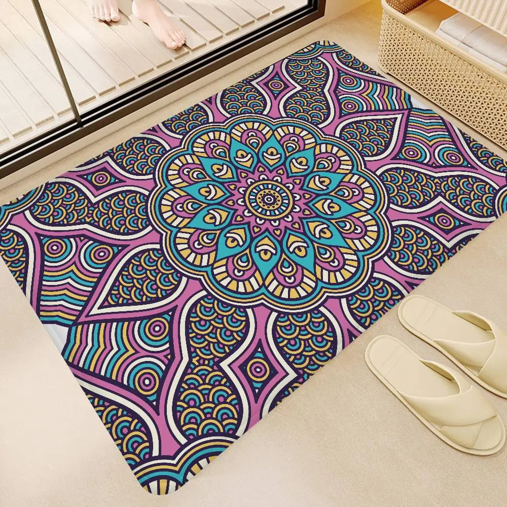 Tapis salle de bain bohème dessin violet vert
