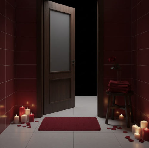 Tapis salle de bain bordeaux porte 