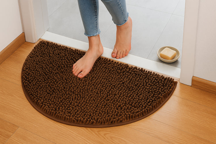 Tapis salle de bain demi cercle marron pieds 