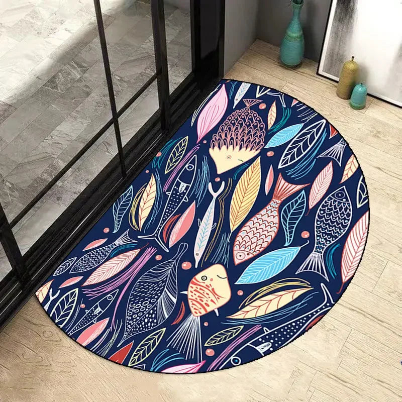 Tapis salle de bain demi lune design poissons