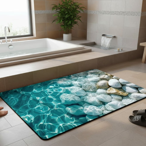 Tapis salle de bain motif galets mer bleu 