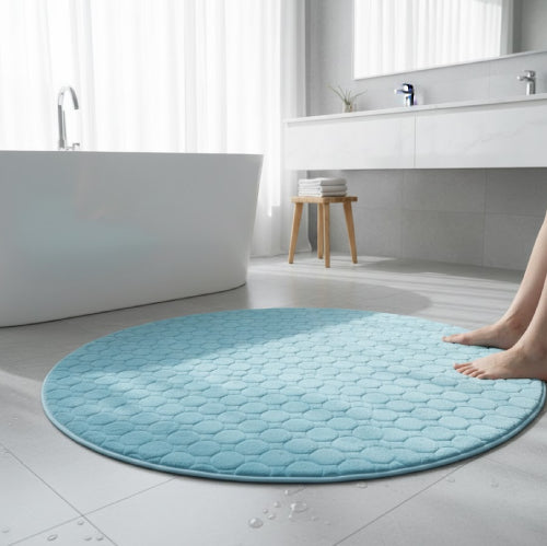 Tapis salle de bain rond 100 cm bleu pieds 