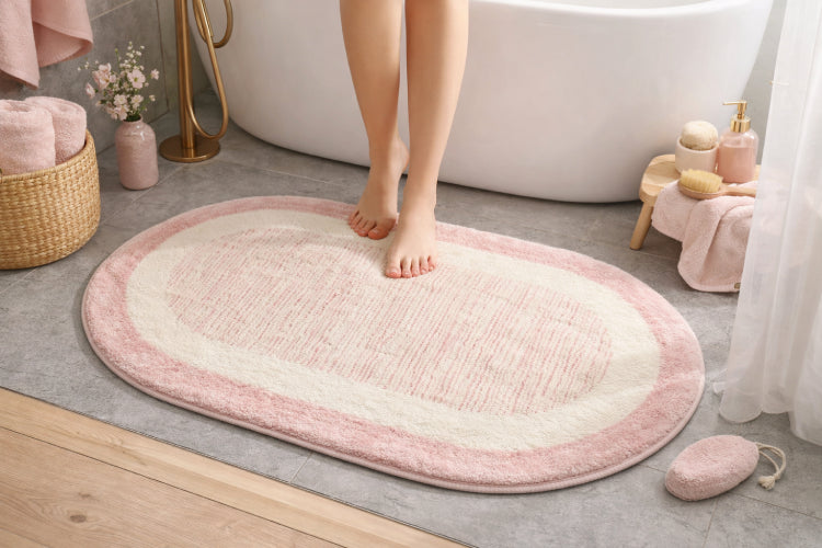 Tapis salle de bain tendance rose pieds 